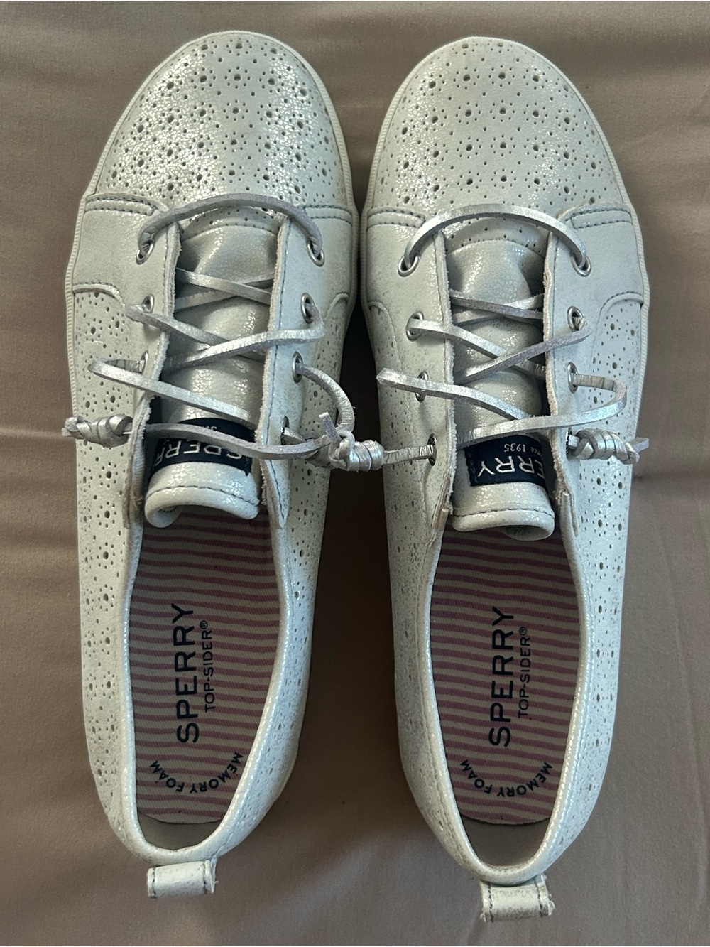 Sperry Silver Perforated Leather Boat Shoes